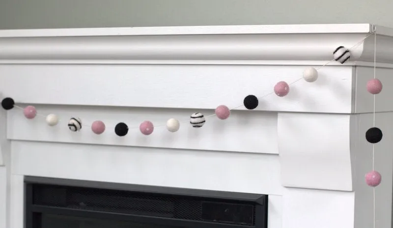 Valentine's Day Felt Ball Garland- Black, Baby Pink, White- Swirls