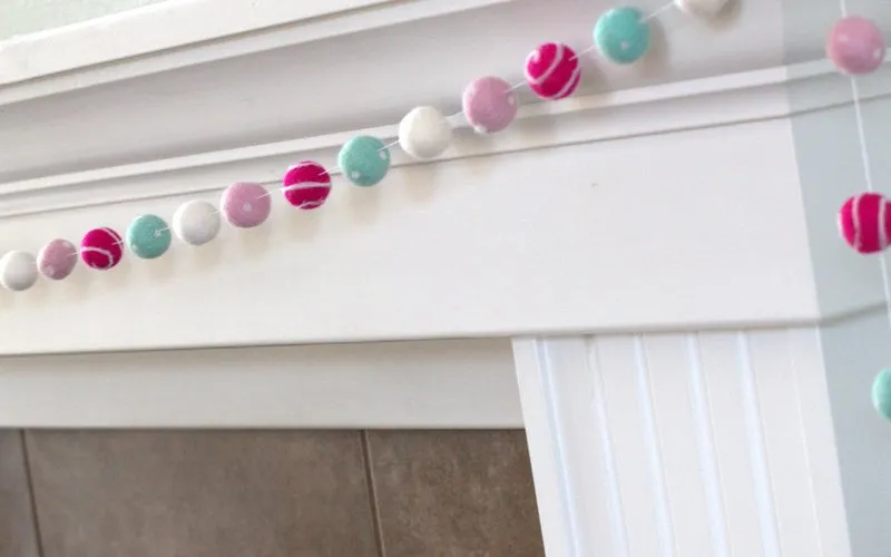 Valentine's Day Felt Ball Garland- Pink, Turquoise- Swirls & Dots