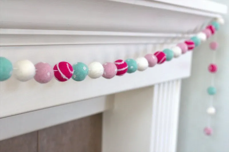 Valentine's Day Felt Ball Garland- Pink, Turquoise- Swirls & Dots