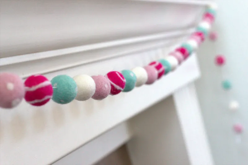 Valentine's Day Felt Ball Garland- Pink, Turquoise- Swirls & Dots