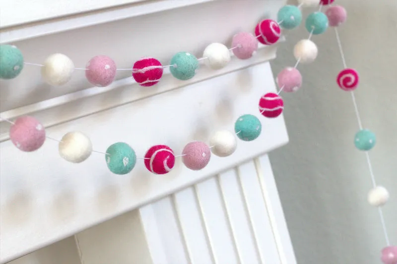 Valentine's Day Felt Ball Garland- Pink, Turquoise- Swirls & Dots