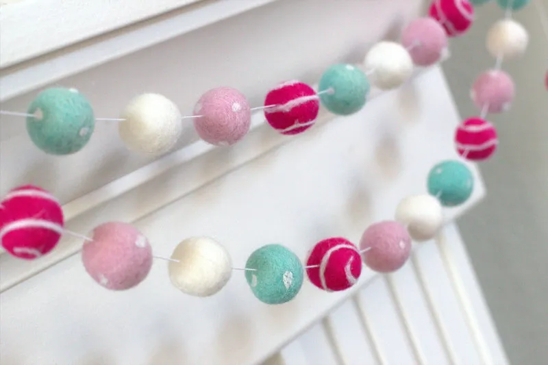 Valentine's Day Felt Ball Garland- Pink, Turquoise- Swirls & Dots