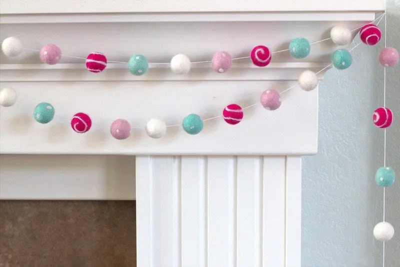 Valentine's Day Felt Ball Garland- Pink, Turquoise- Swirls & Dots