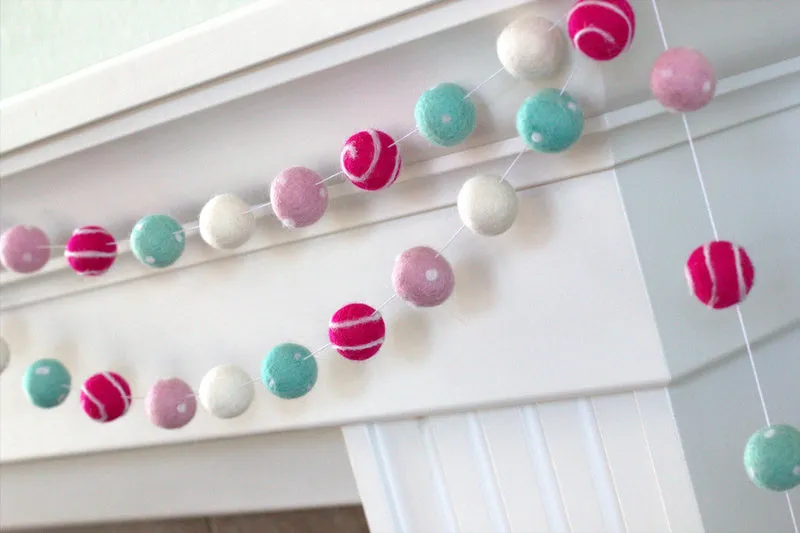 Valentine's Day Felt Ball Garland- Pink, Turquoise- Swirls & Dots