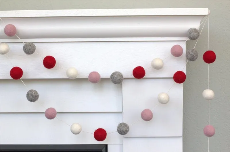 Valentine's Day Felt Ball Garland- Red, Pink, Gray, White