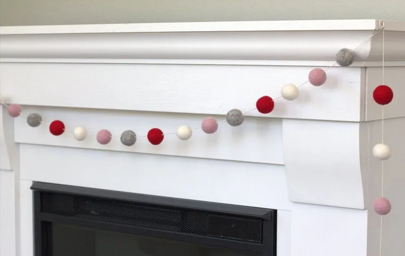 Valentine's Day Felt Ball Garland- Red, Pink, Gray, White