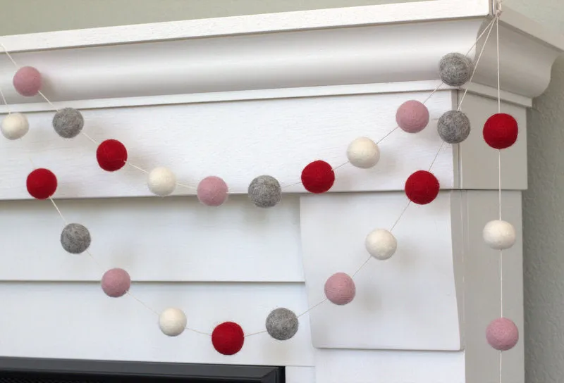 Valentine's Day Felt Ball Garland- Red, Pink, Gray, White