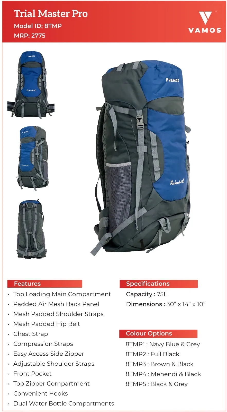 VAMOS Trial Master Pro Hiking Bag 8TMP1 - Capacity : 75L