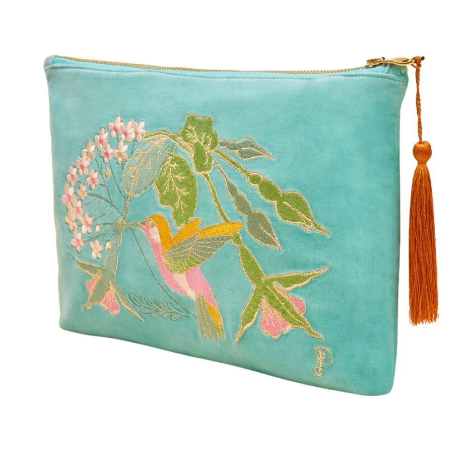 Velvet Embroidered Zip Pouches - Hummingbird