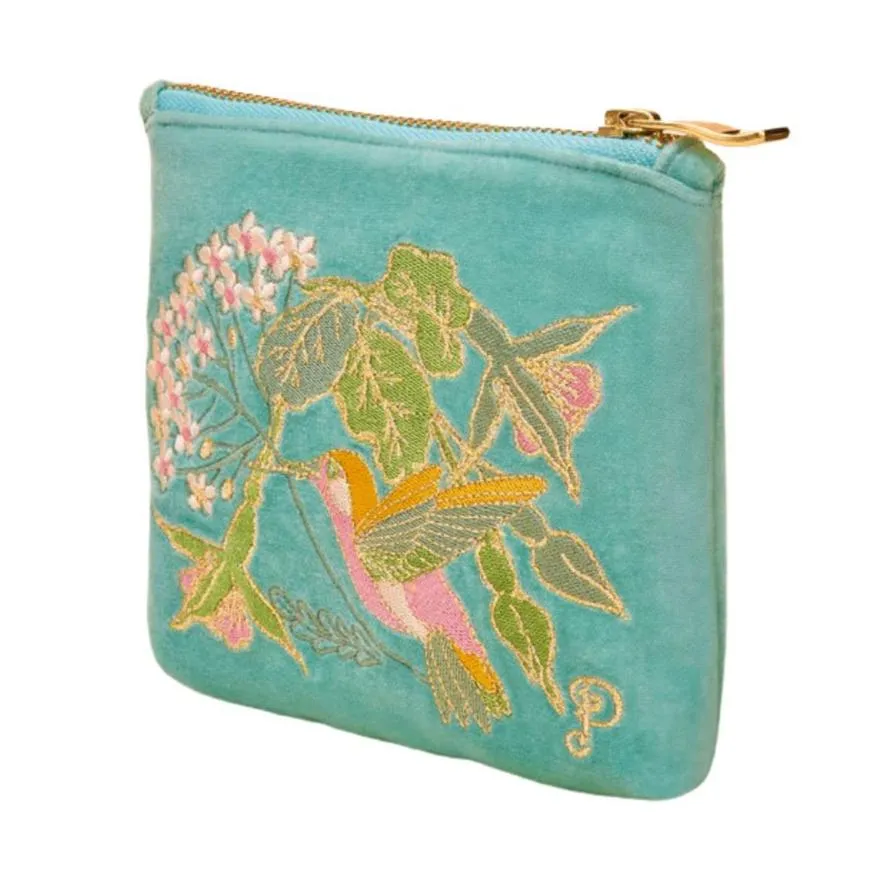 Velvet Embroidered Zip Pouches - Hummingbird