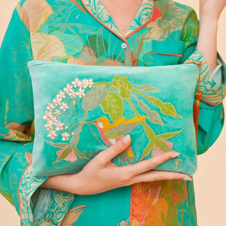 Velvet Embroidered Zip Pouches - Hummingbird