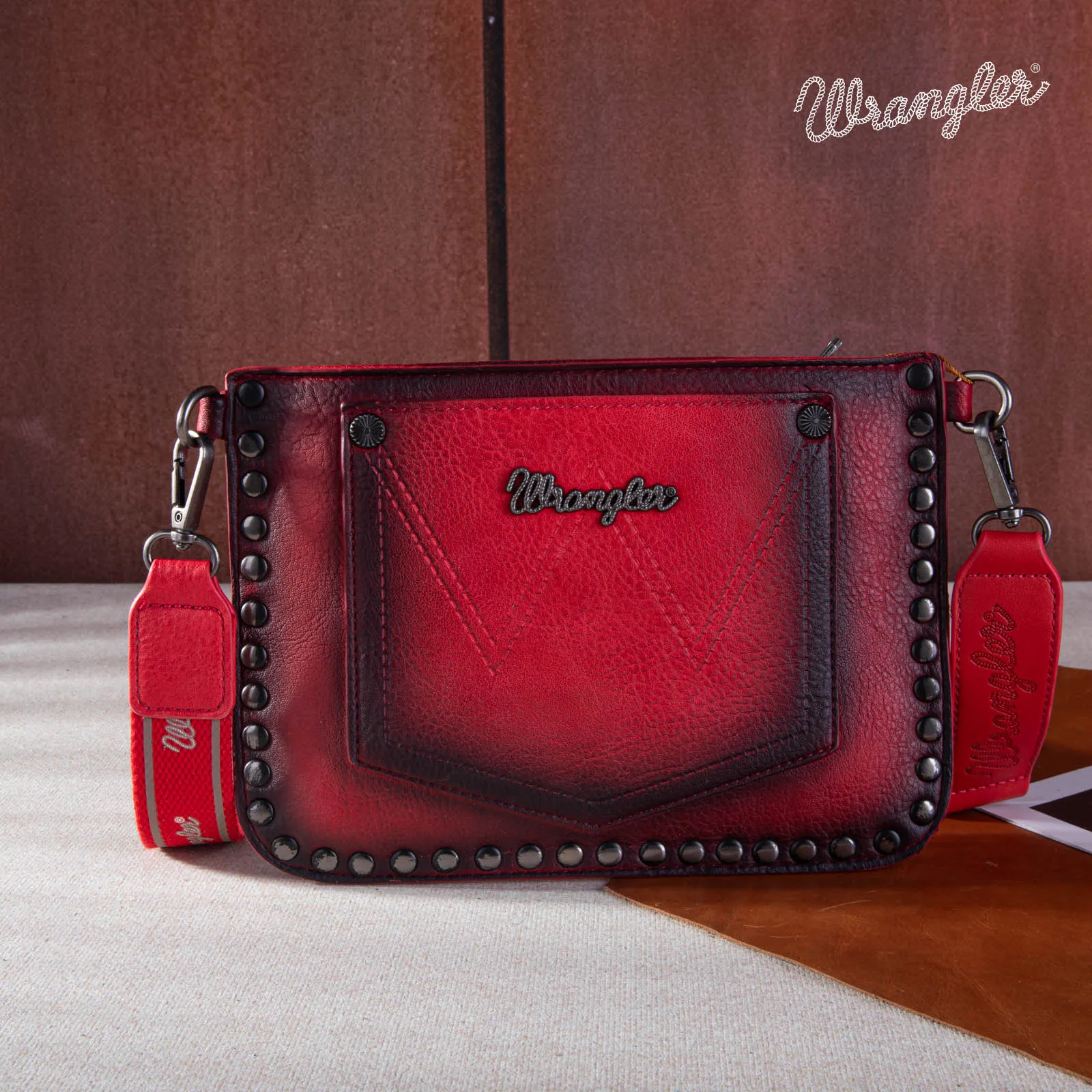 WG65-2004S  Wrangler Rivets Studded Wristlet/ Crossbody - Red