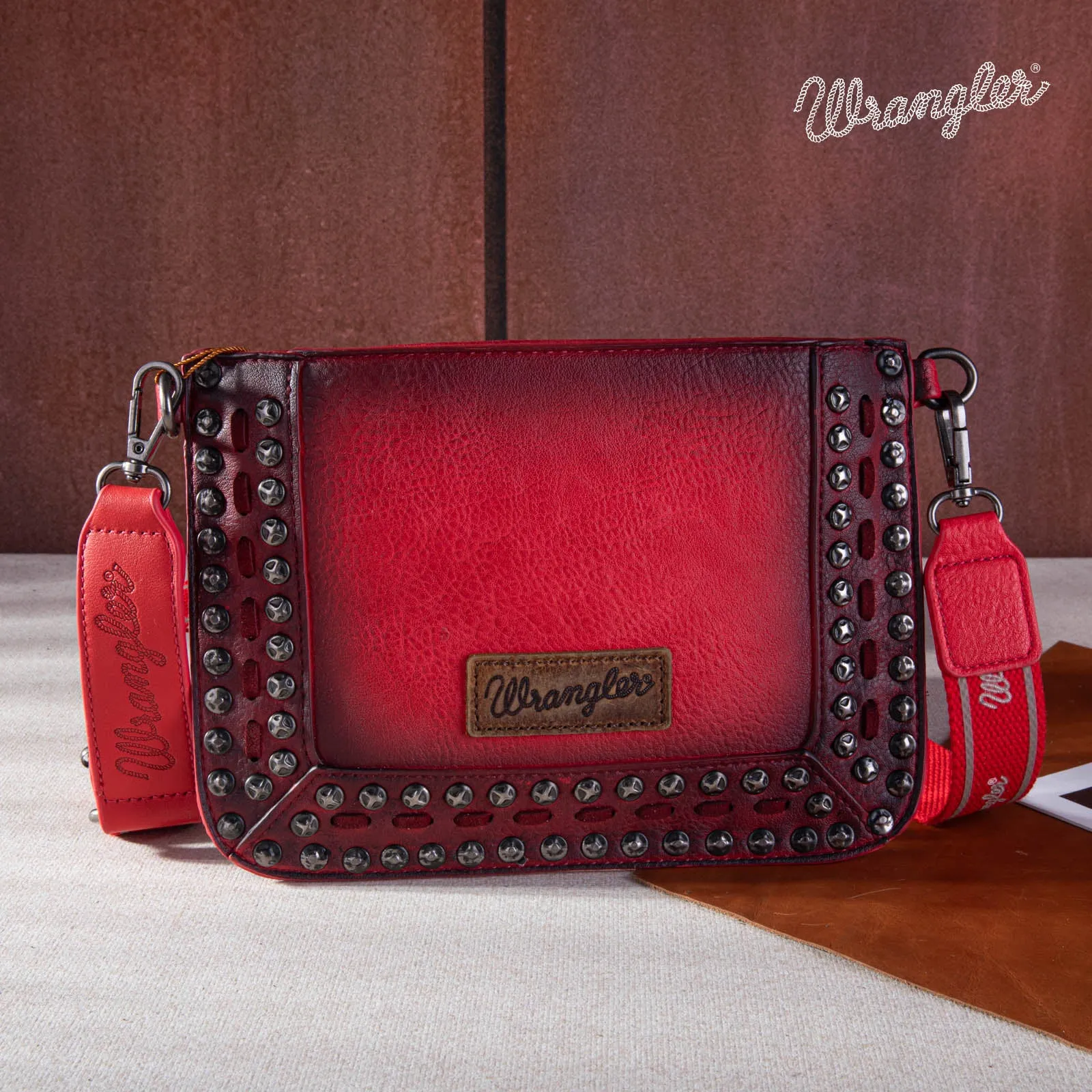 WG65-2004S  Wrangler Rivets Studded Wristlet/ Crossbody - Red