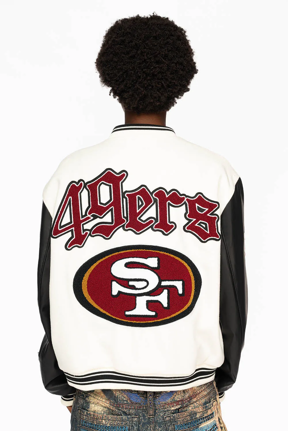 WHITE & BLACK : WOOL & LEATHER VARSITY JACKET-49ers