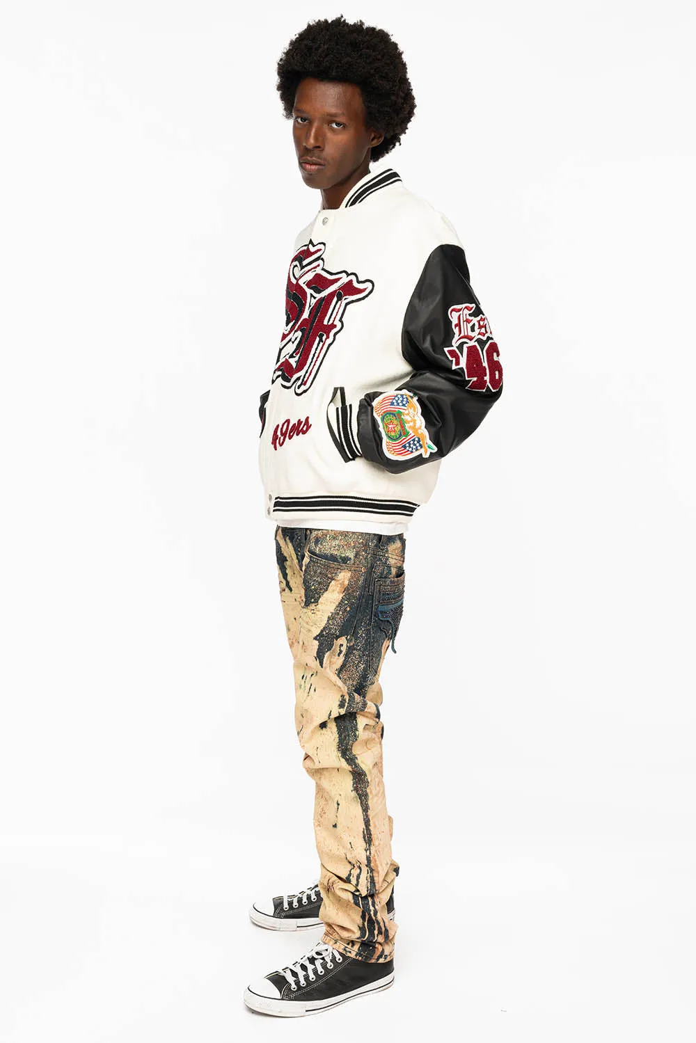 WHITE & BLACK : WOOL & LEATHER VARSITY JACKET-49ers