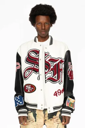 WHITE & BLACK : WOOL & LEATHER VARSITY JACKET-49ers