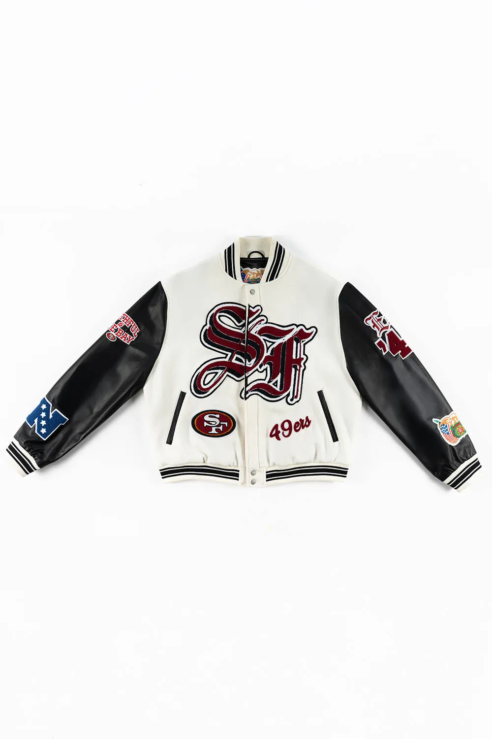 WHITE & BLACK : WOOL & LEATHER VARSITY JACKET-49ers