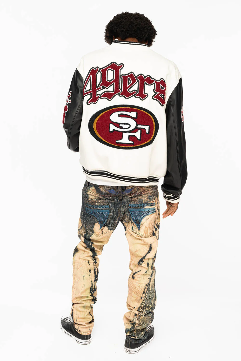 WHITE & BLACK : WOOL & LEATHER VARSITY JACKET-49ers