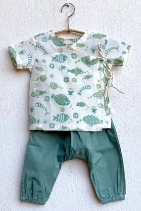 Whitewater Kids Unisex Organic Fish Print Angarakha Top With Mint Pants