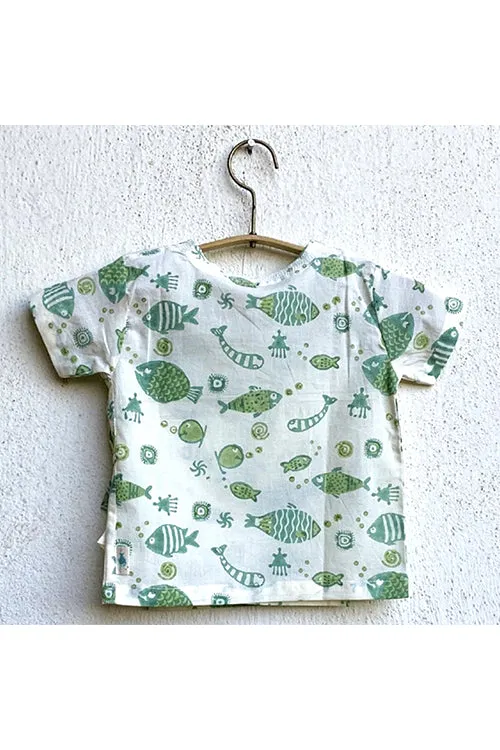 Whitewater Kids Unisex Organic Fish Print Angarakha Top With Mint Pants