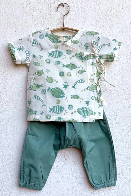 Whitewater Kids Unisex Organic Fish Print Angarakha Top With Mint Pants